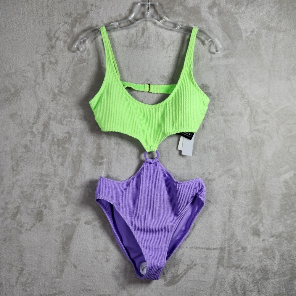 Salt & Cove One Piece Swimsuit Womens XS Green Purple Ribbed Cutout Monokini 80s